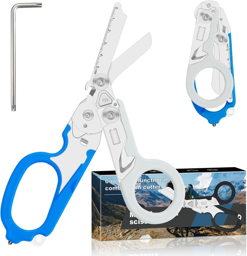 Lemasa6 in 1 Multifunctional Combination Tool, Folding Retractable Emergency Shears, Outdoor Camping Tools, Seat Belt Cutter, Oxygen Cylinder Wrench, Complimentary Adjustable Wrench (blue-grey) - Image 1